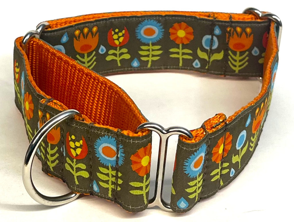 Brown with Blue, Orange, and Red Flowers Martingale Collar 1 1/2 in