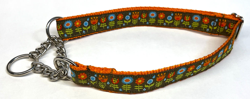 Brown with Blue, Orange, and Red Flowers Chain Martingale Collar 1in