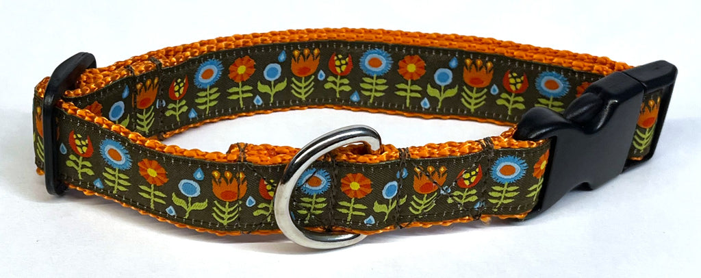 Brown with Blue, Orange, and Red Flowers Dog Collar 1in