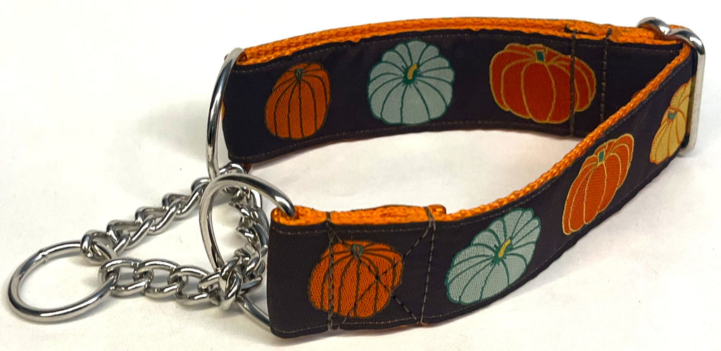Brown with Blue, Orange, and Yellow Pumpkins Chain Martingale Collar 1 1/2 in