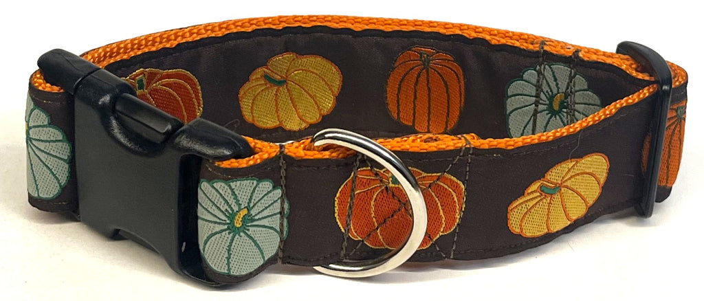 Brown with Blue, Orange, and Yellow Pumpkins Dog Collar 1 1/2 in