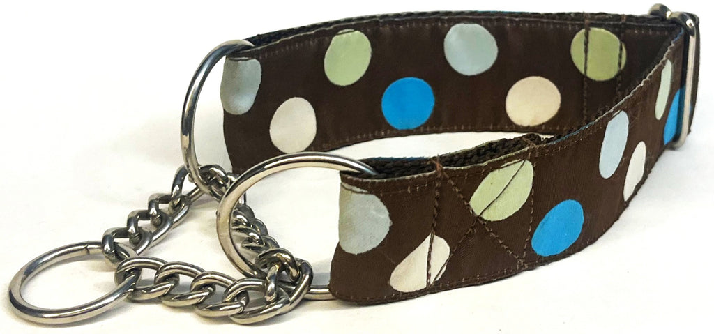 Brown with Blue, White, and Light Green Dots Chain Martingale Collar 1 1/2 in