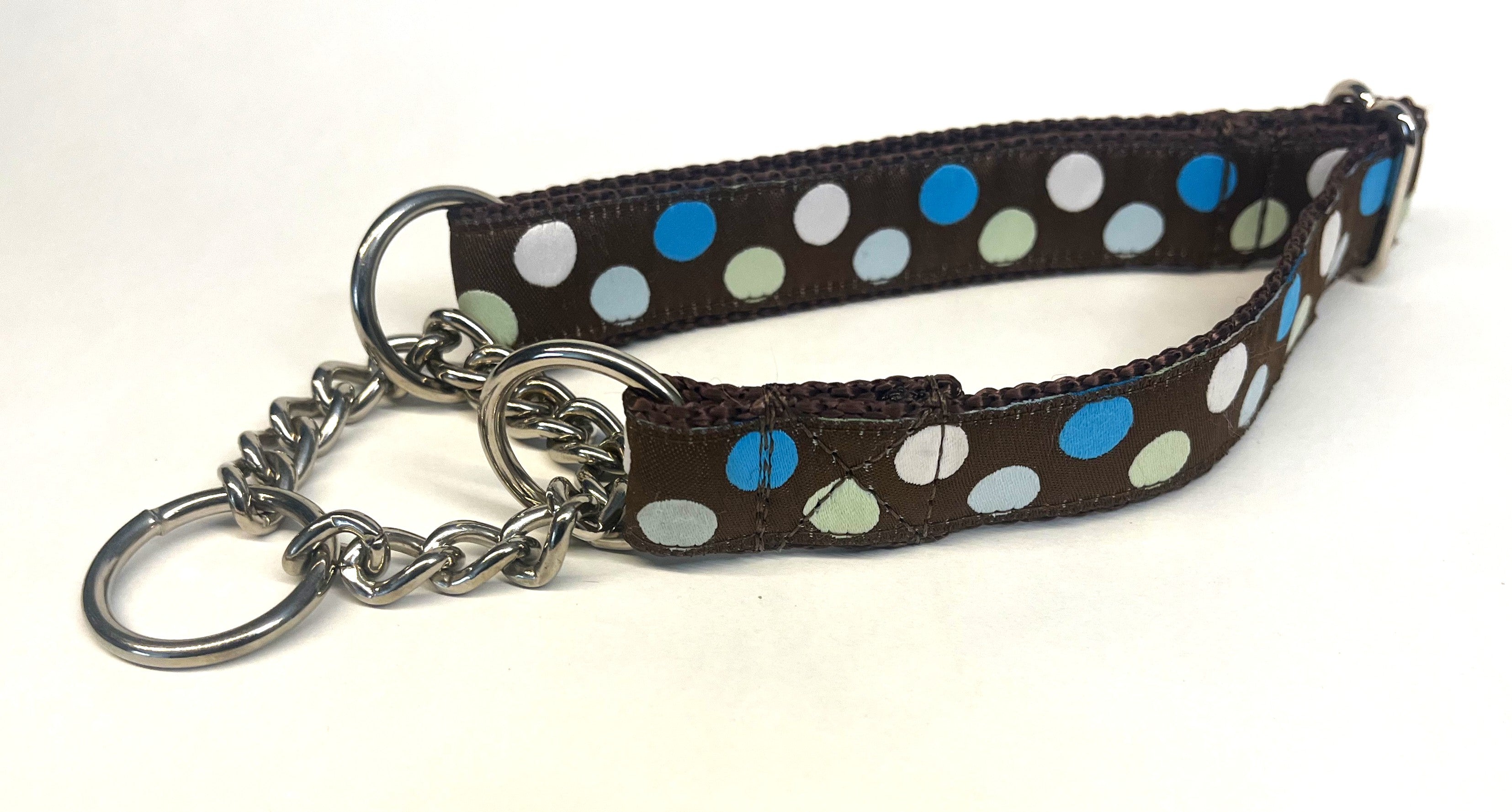 Brown with Blue, White and Light Green Dots Chain Martingale Collar 1in