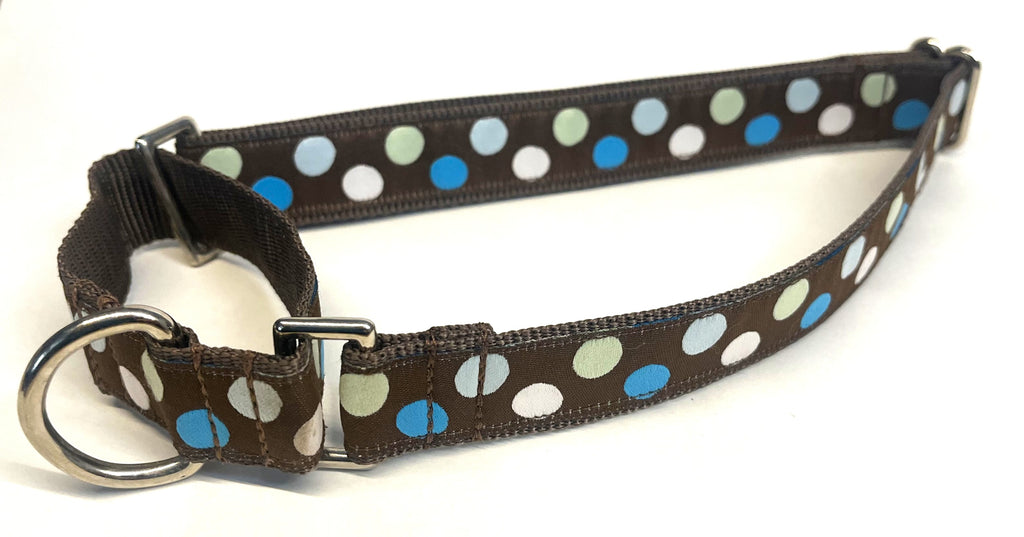 Brown with Blue, White and Light Green Dots Martingale Collar 1in