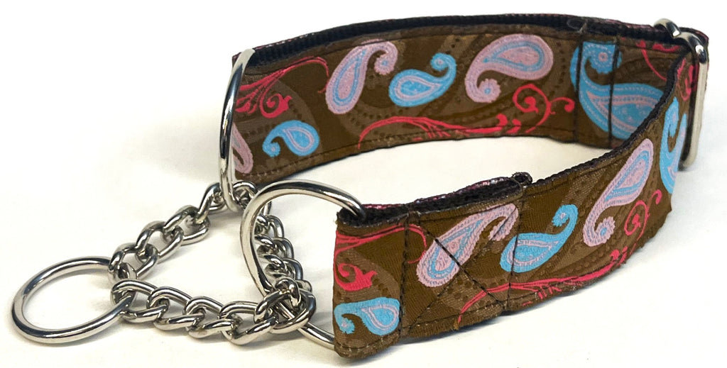 Brown with Blue and Pink Paisley Chain Martingale Collar 1 1/2 in