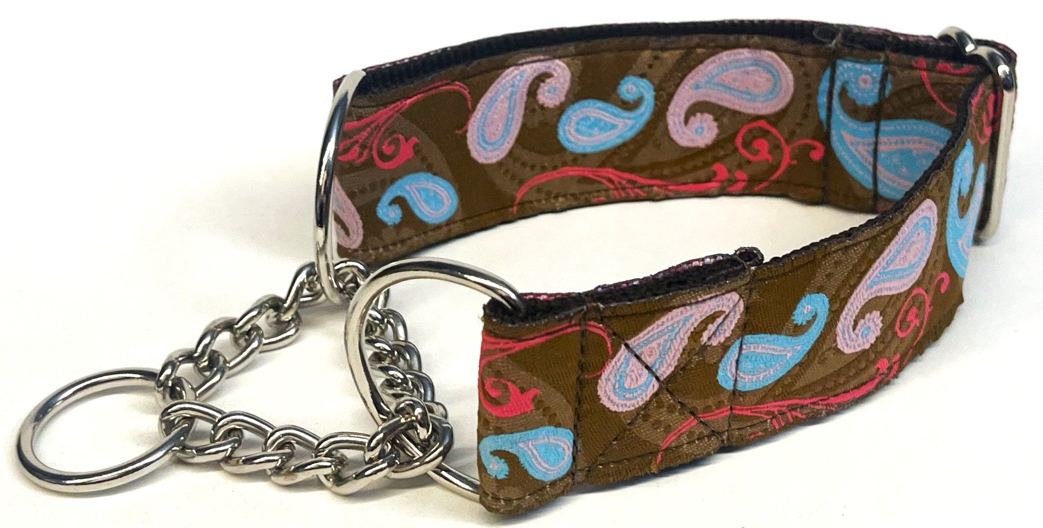 Brown with Blue and Pink Paisley Chain Martingale Collar 1 1/2 in