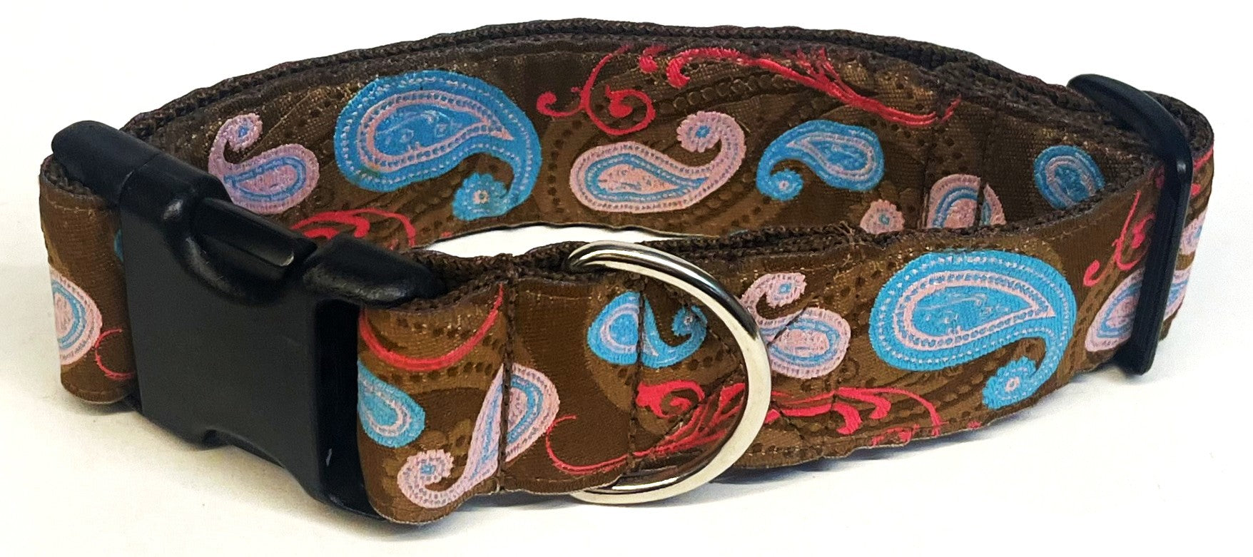 Brown with Blue and Pink Paisley Dog Collar 1 1/2 in