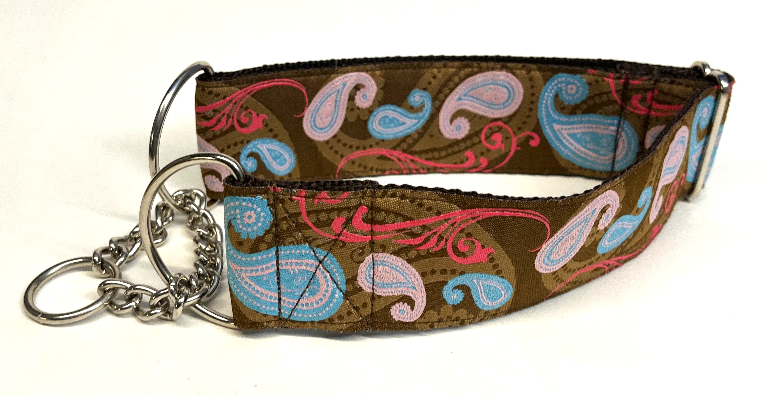 Brown with Blue and Pink Paisley Design Chain Martingale Collar 2in