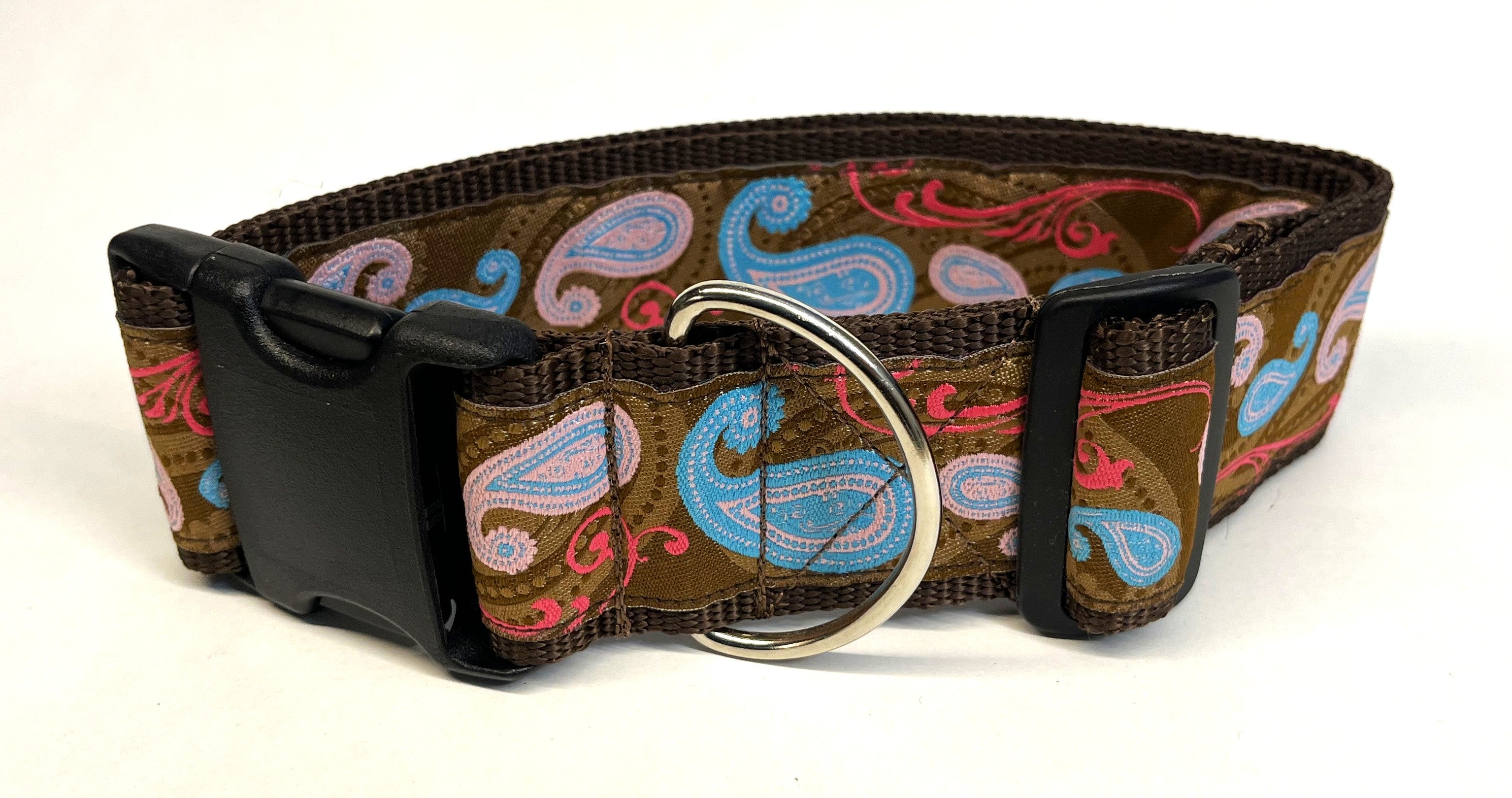 Brown with Blue and Pink Paisley Design Dog Collar 2in