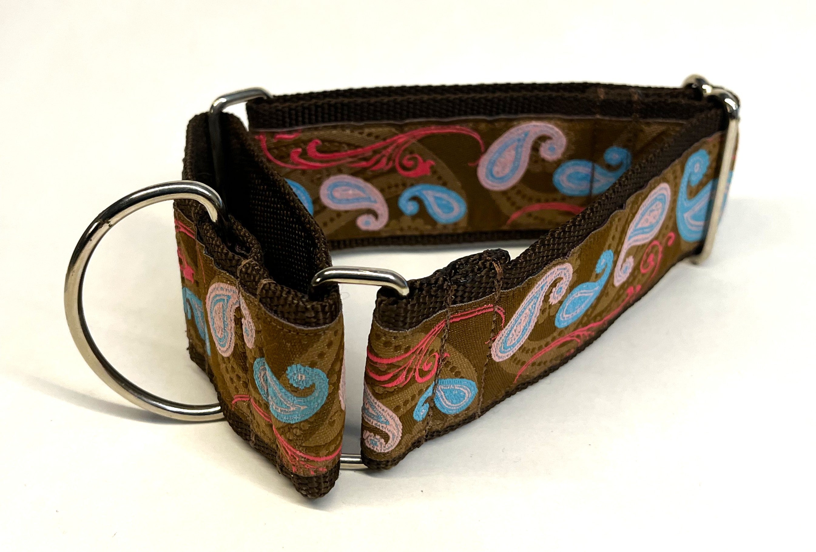 Brown with Blue and Pink Paisley Design Martingale Collar 2in