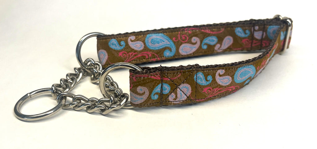 Brown with Blue and Pink Paisley Design Chain Martingale Collar 1in