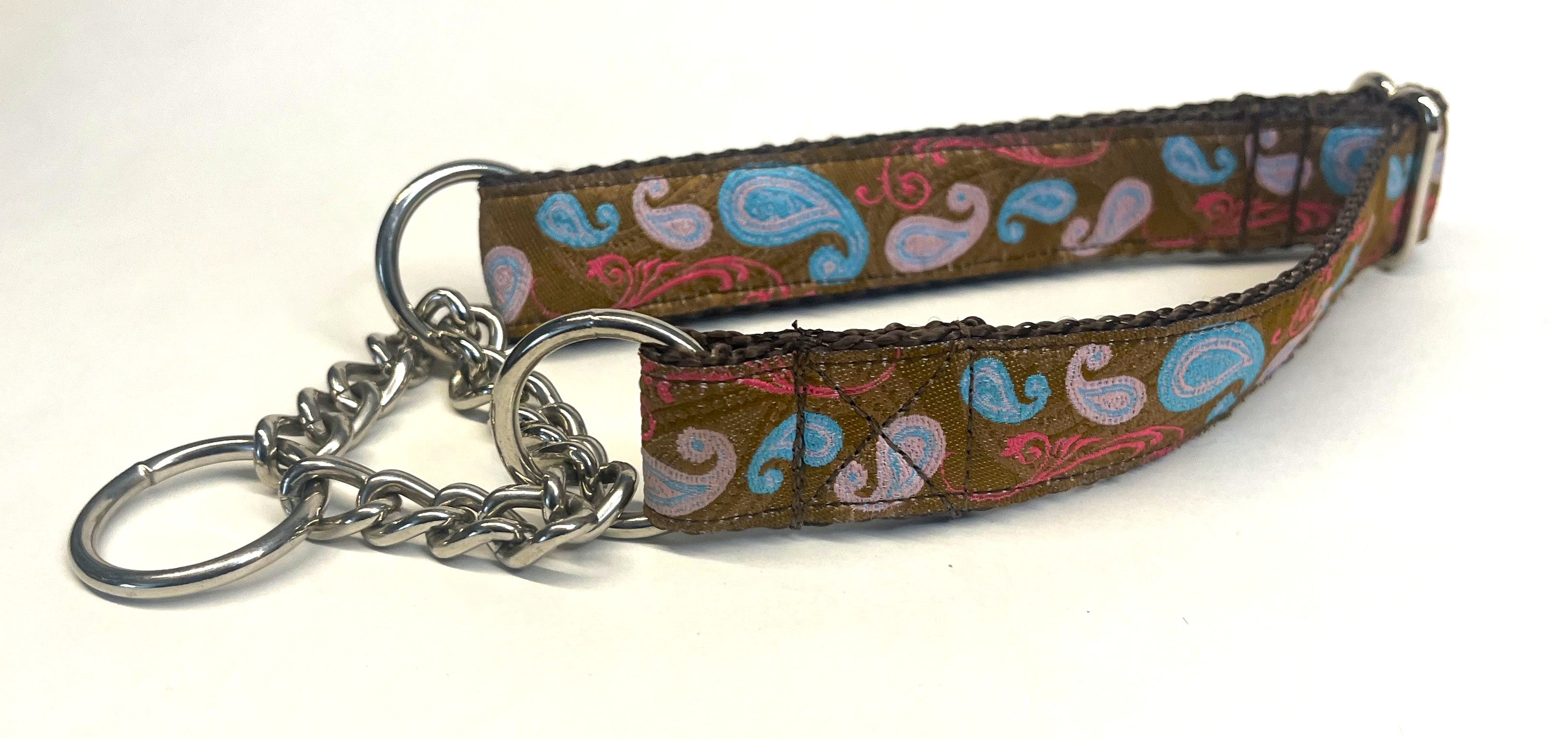 Brown with Blue and Pink Paisley Design Chain Martingale Collar 1in