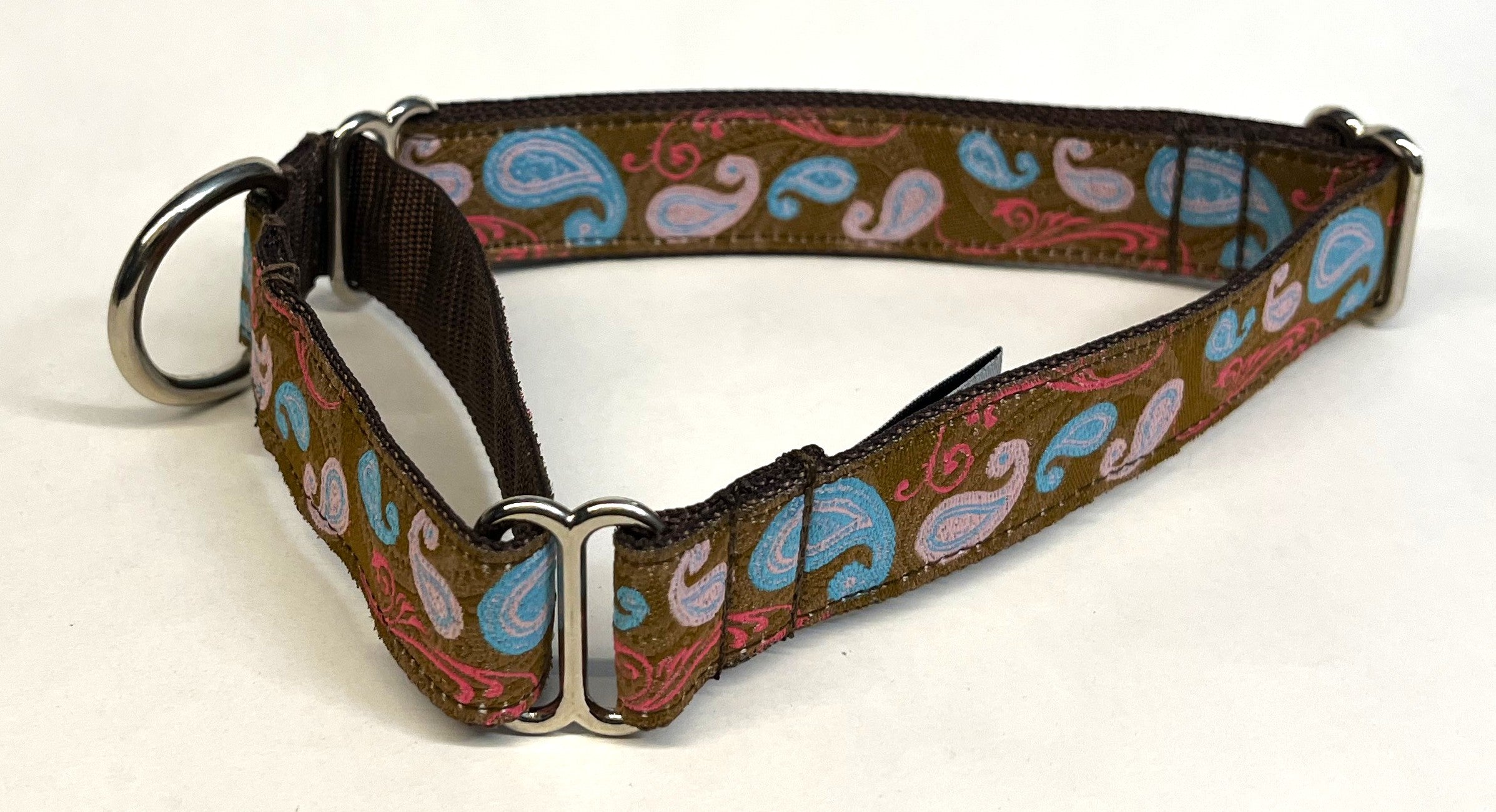 Brown with Blue and Pink Paisley Design Martingale Collar 1in
