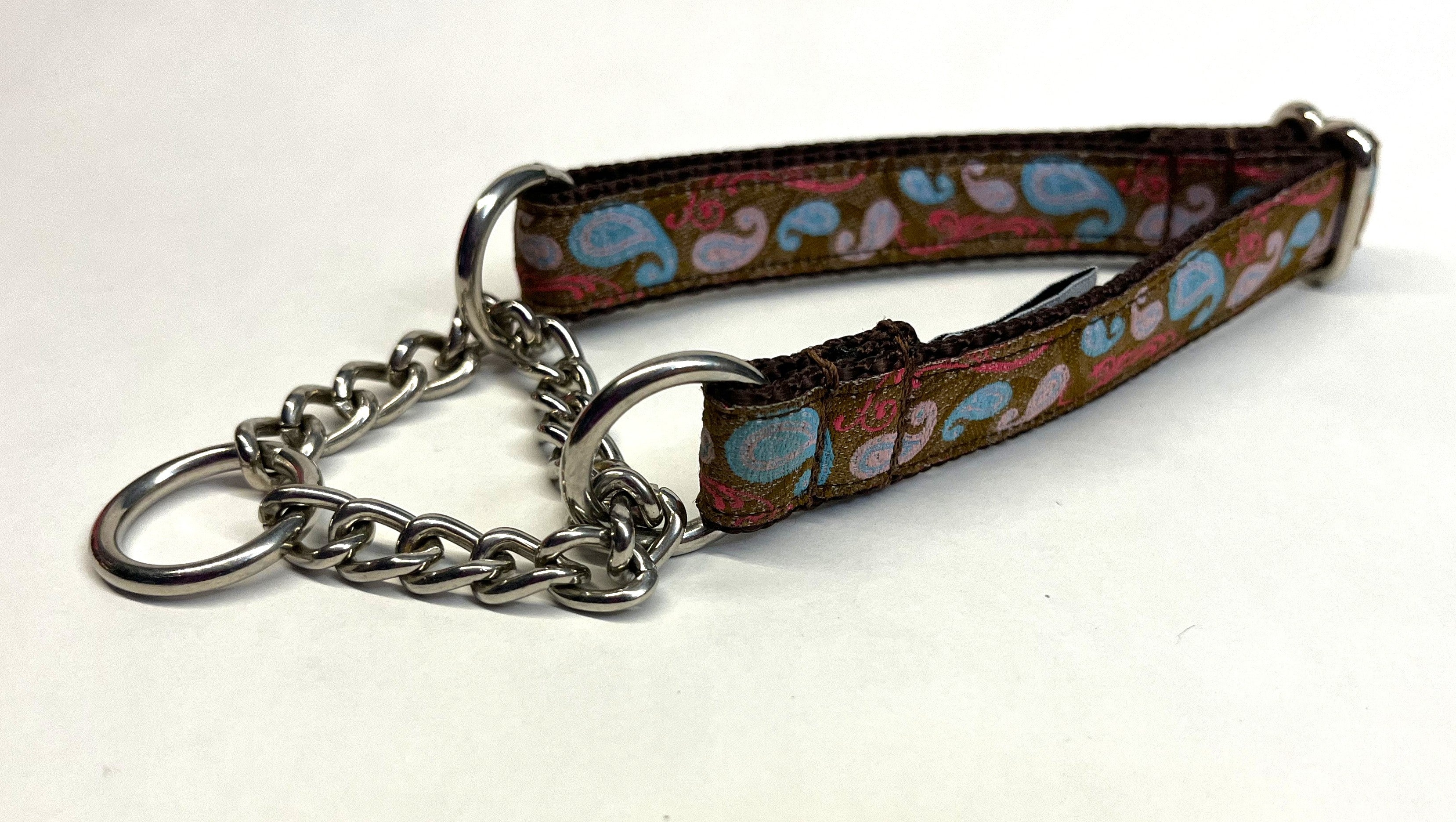 Brown with Blue and Pink Paisley Design Chain Martingale Collar 3/4