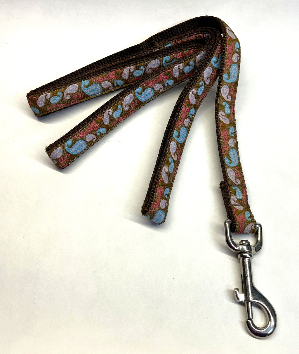 Brown with Blue and Pink Paisley Design Dog Leash 3/4
