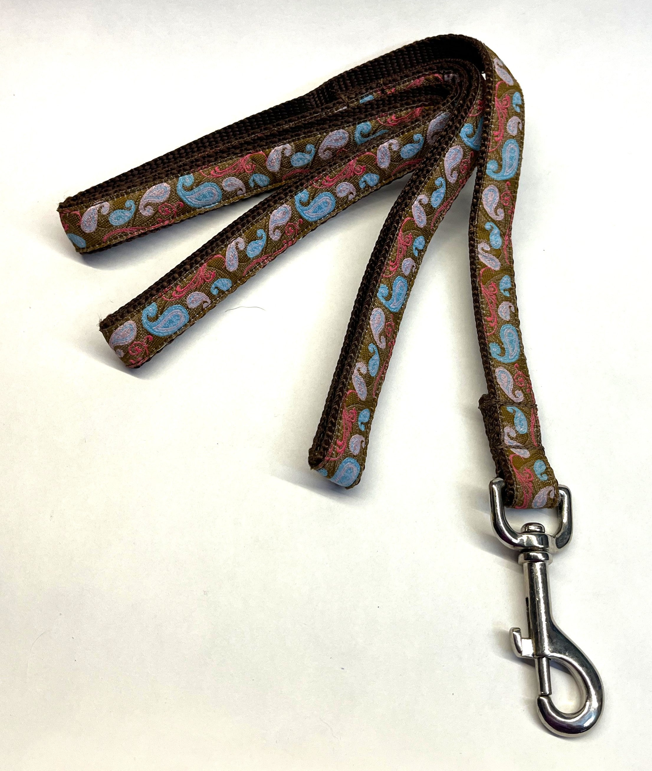 Brown with Blue and Pink Paisley Design Dog Leash 3/4