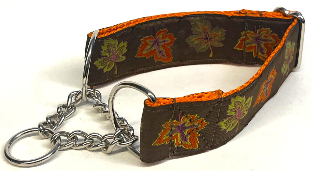 Brown with Fall Leaves Chain Martingale Collar 1 1/2 in