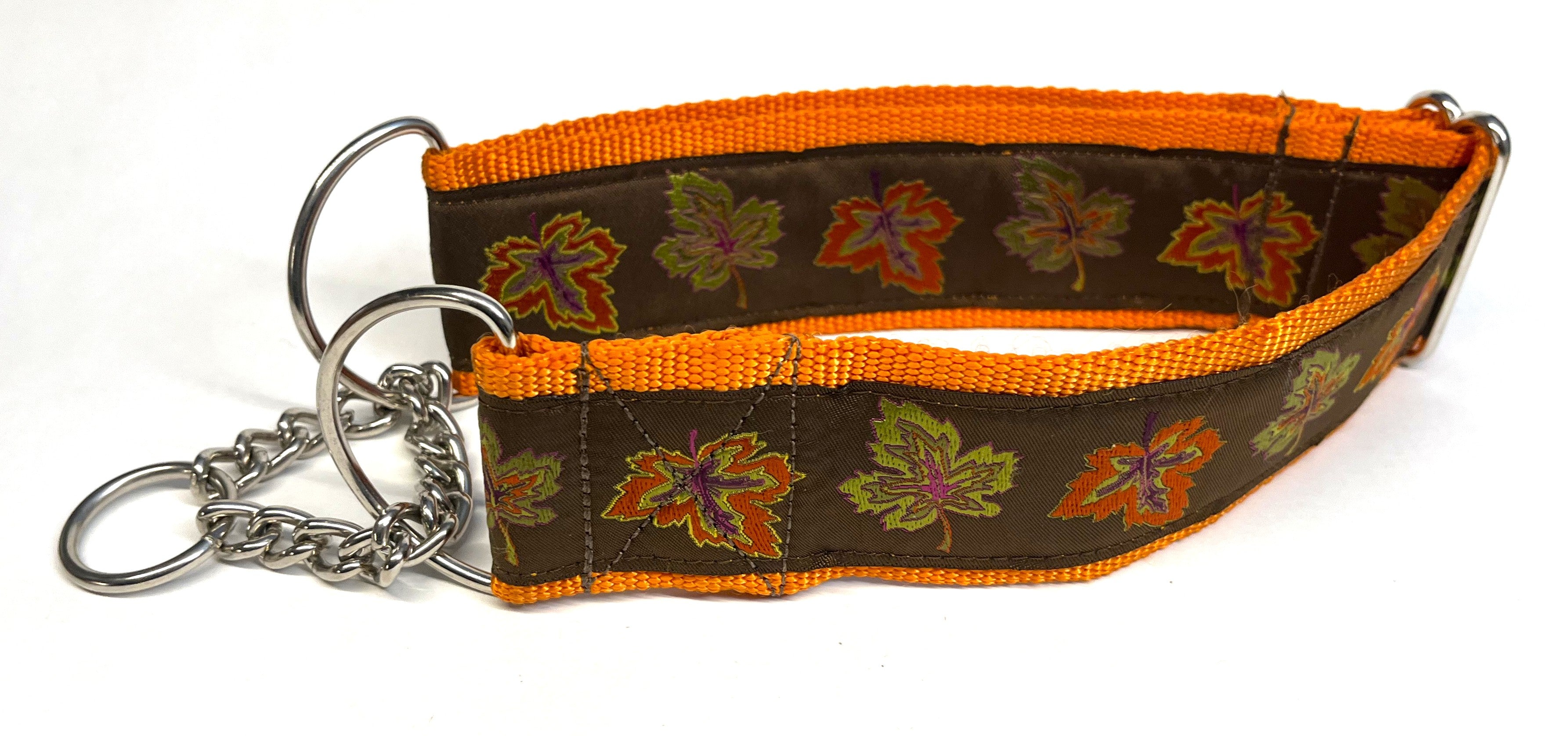 Brown with Fall Leaves Chain Martingale Collar 2in