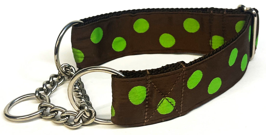Brown with Lime Green Dots Chain Martingale Collar 1 1/2 in