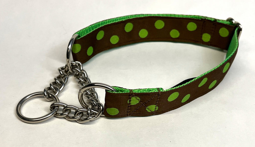 Brown with Green Dots Chain Martingale Collar 1in