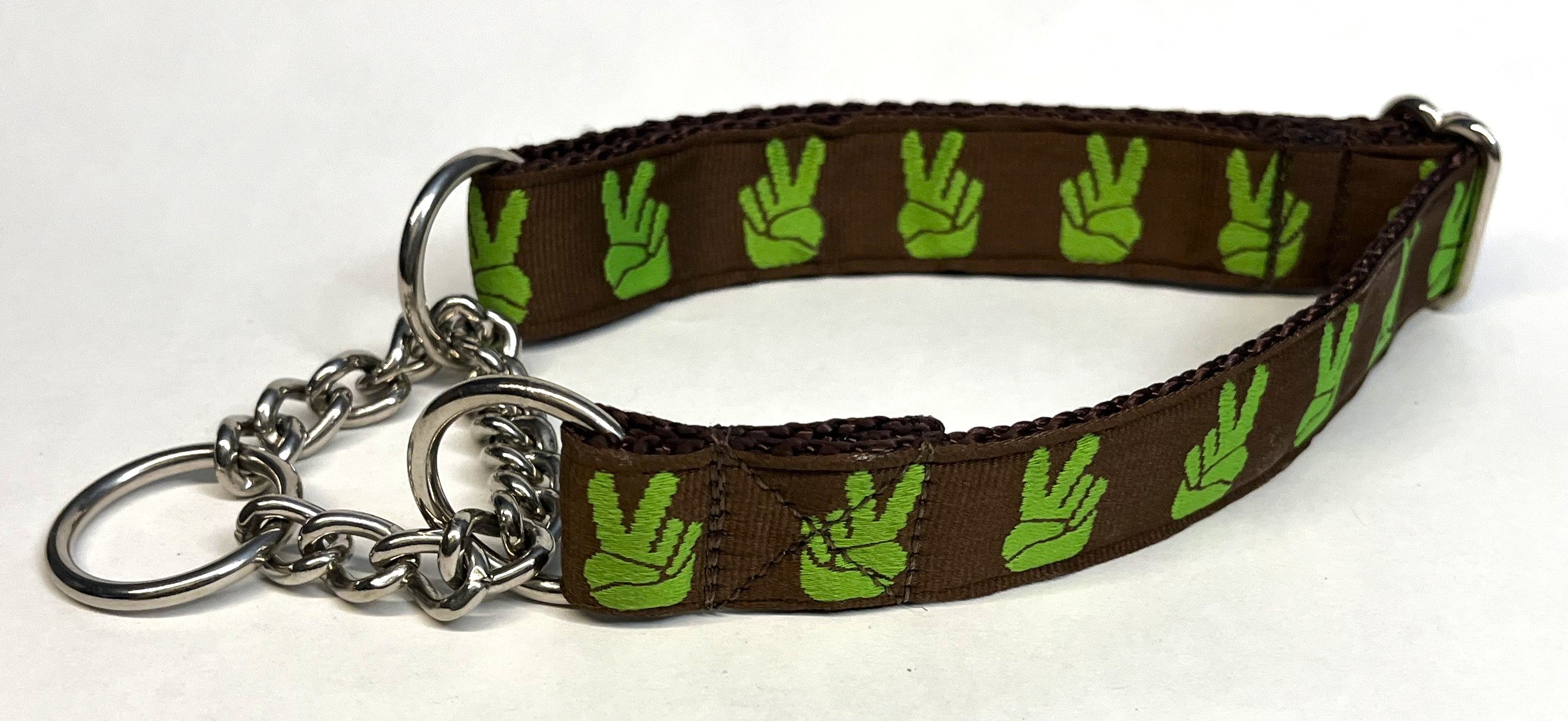 Brown with Green Peace Hands Chain Martingale Collar 1in