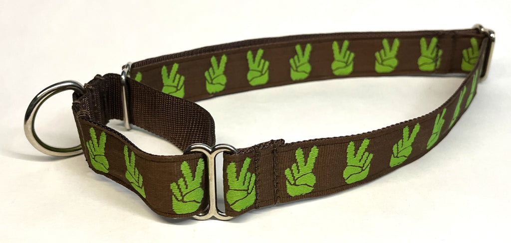 Brown with Green Peace Hands Martingale Collar 1in