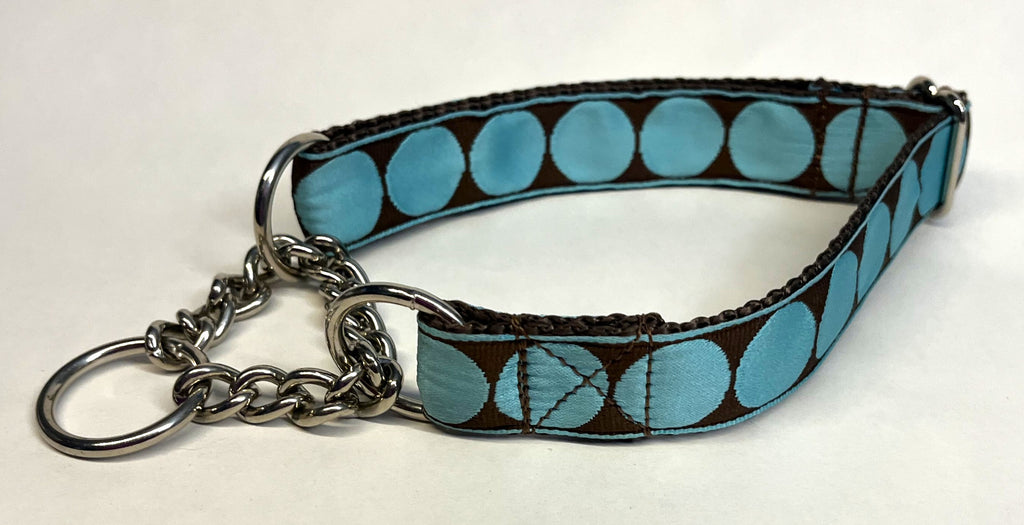 Brown with Light Blue Large Dot Chain Martingale Collar 1in