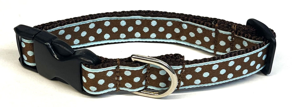 Brown with Light Blue Polka Dots Dog Collar 3/4