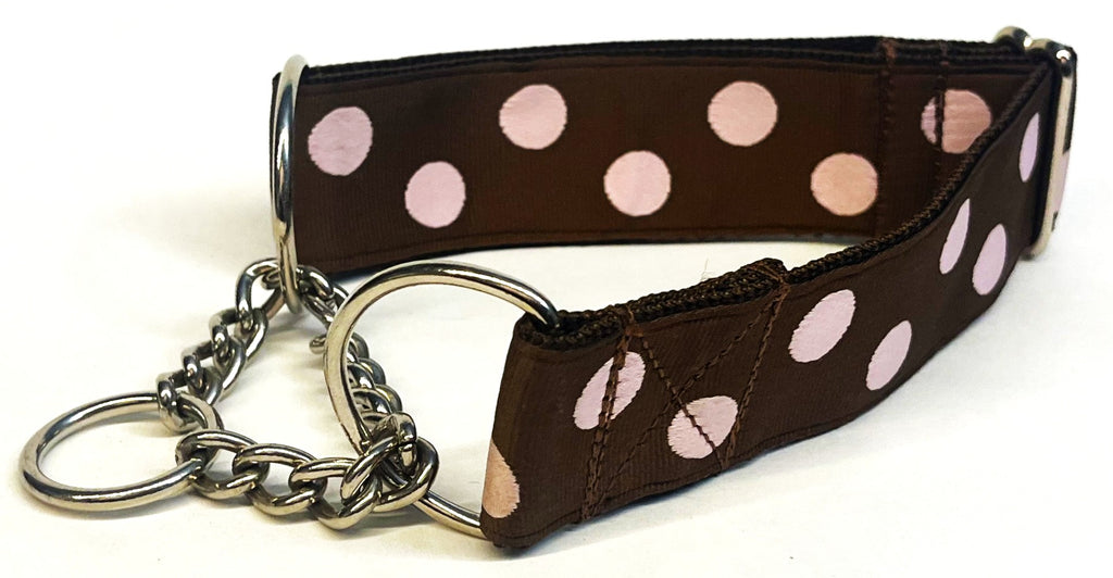 Brown with Light Pink Dots Chain Martingale Collar 1 1/2 in