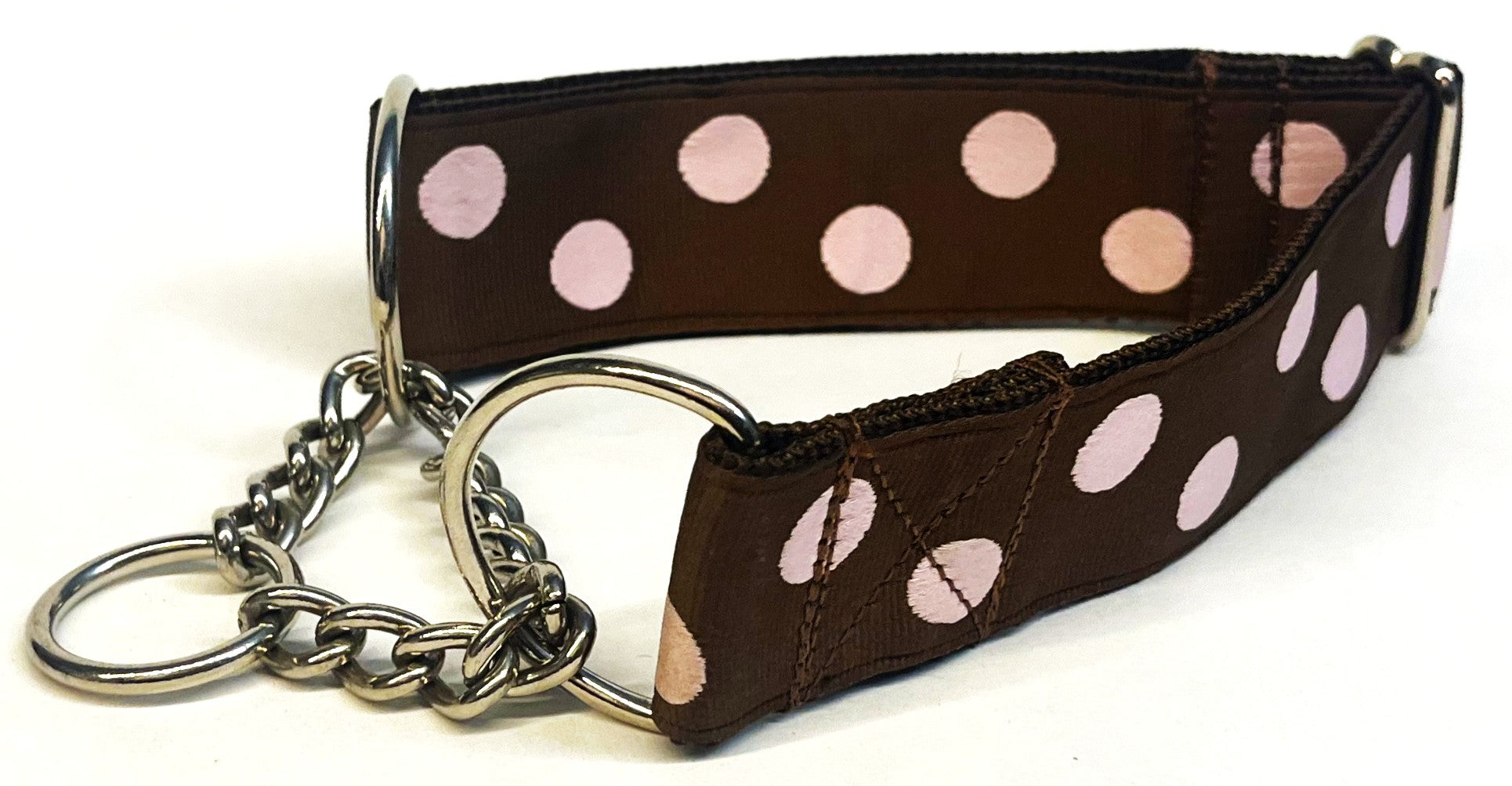Brown with Light Pink Dots Chain Martingale Collar 1 1/2 in