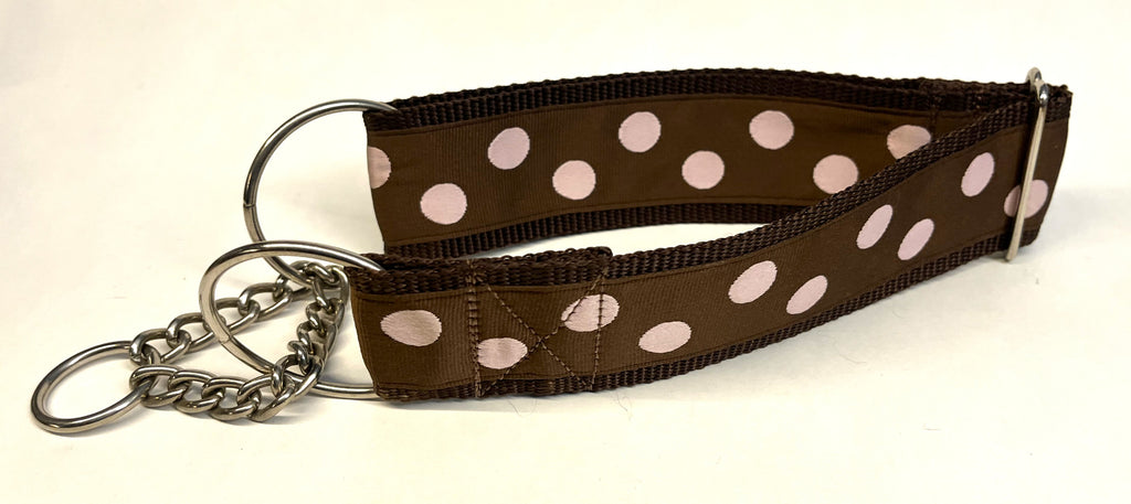 Brown with Light Pink Dots Chain Martingale Collar 2in