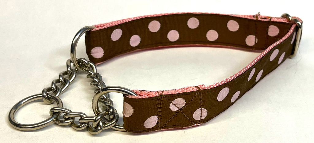 Brown with Light Pink Dots Chain Martingale Collar 1in