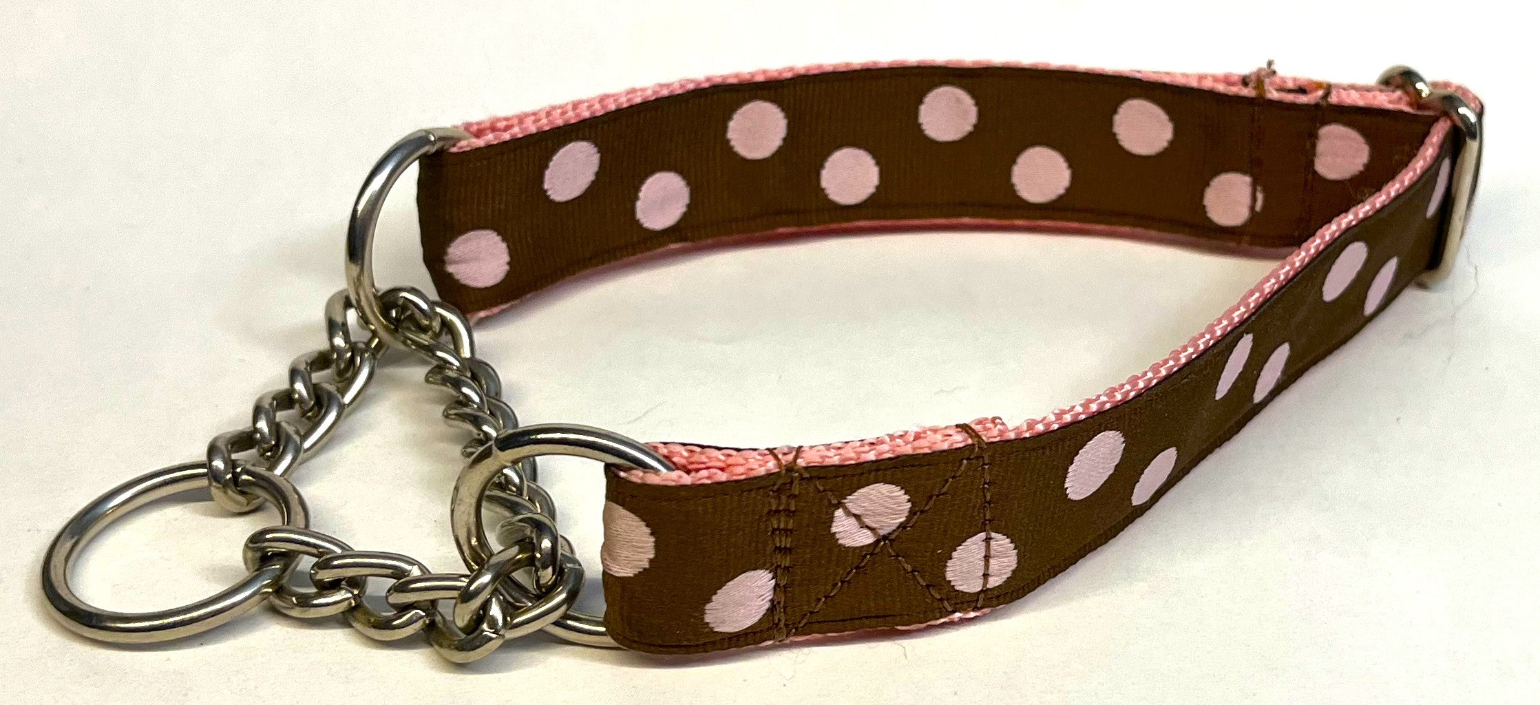 Brown with Light Pink Dots Chain Martingale Collar 1in