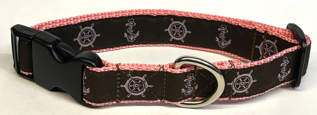 Brown with Light Pink Wheels and Anchors Dog Collar 1in