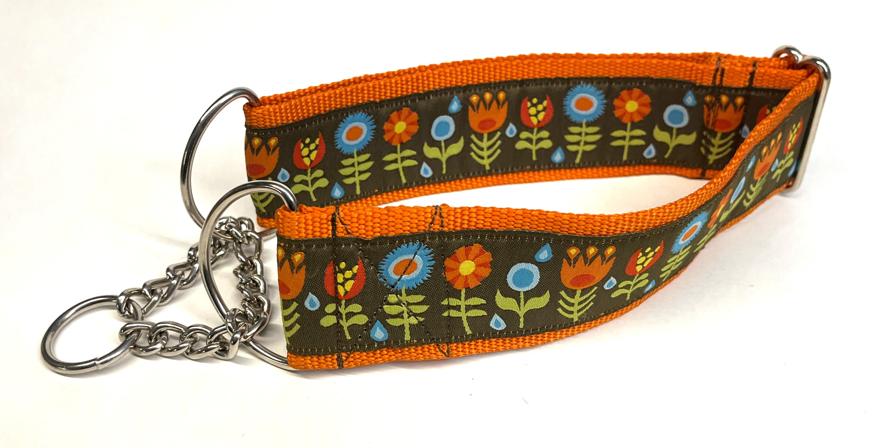 Brown with Orange, Blue, Red, Yellow Flowers Chain Martingale Collar 2in