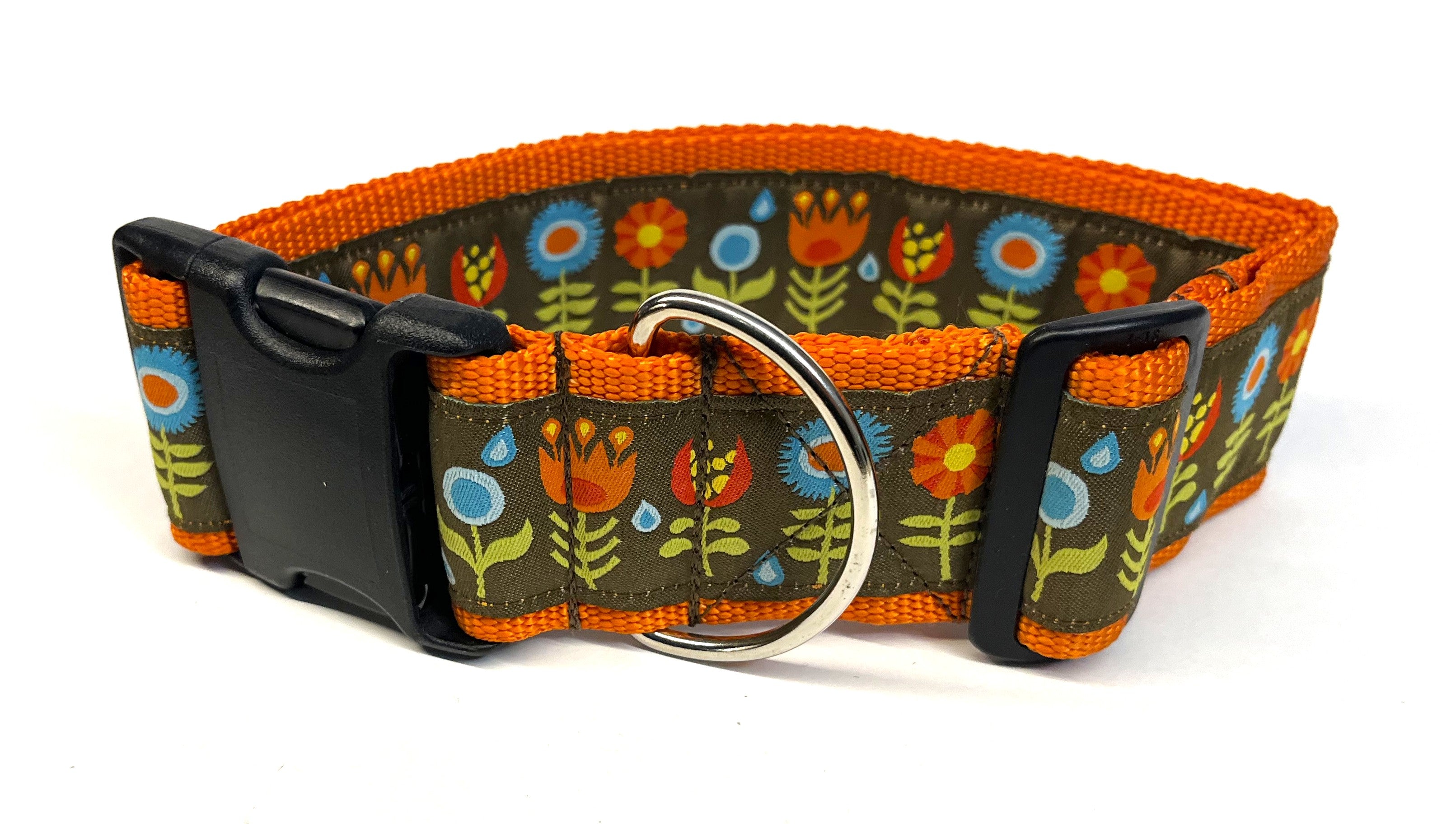Brown with Orange, Blue, Red, Yellow Flowers Dog Collar 2in