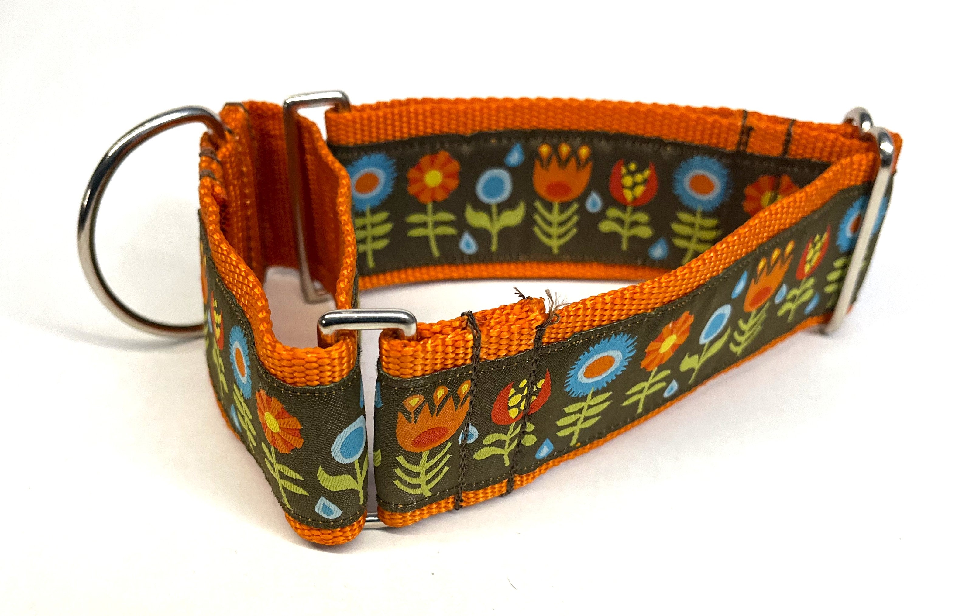 Brown with Orange, Blue, Red, Yellow Flowers Martingale Collar 2in