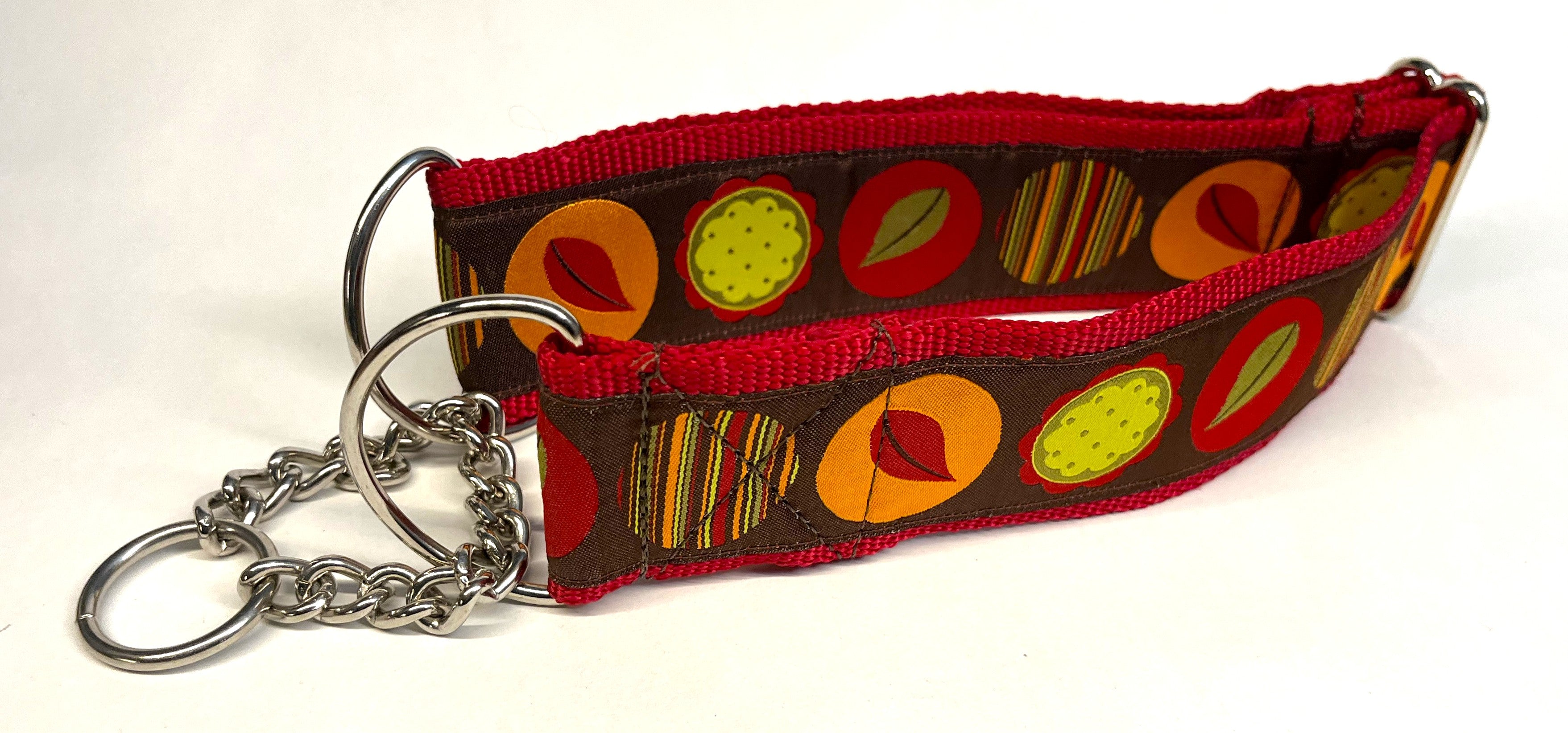 Brown with Circles with Leaves, Stripes, and Flowers Chain Martingale Collar 2in