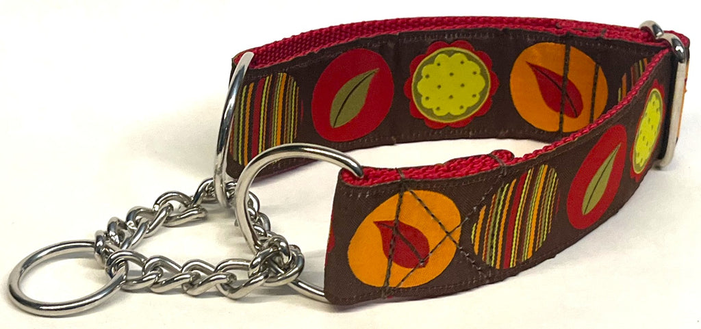 Brown with Fall Colored Circle Designs Chain Martingale Collar 1 1/2 in