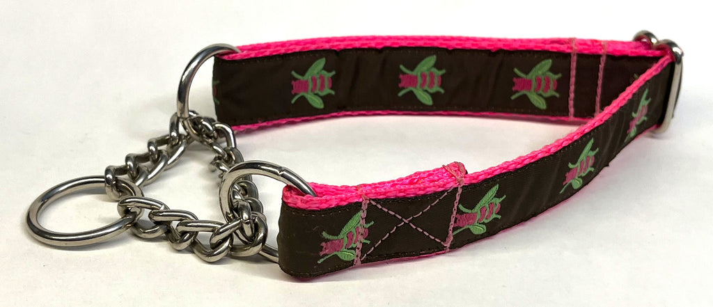 Brown with Pink Flies Chain Martingale Collar 1in