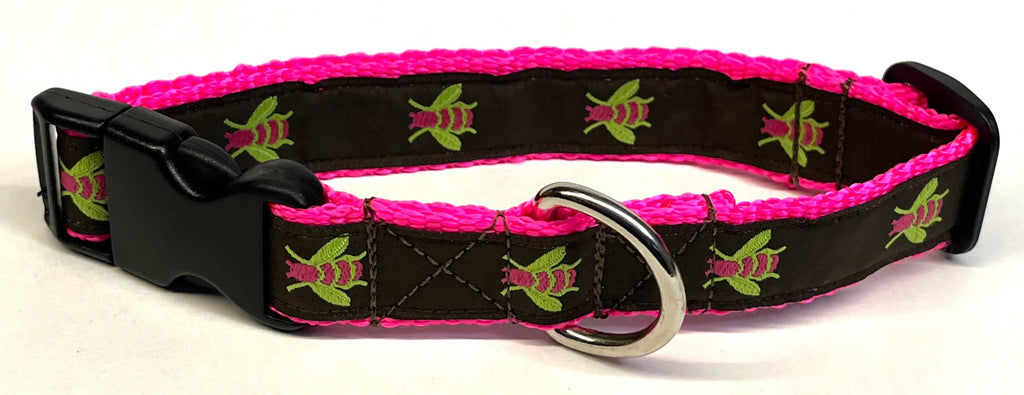 Brown with Pink Flies Dog Collar 1in