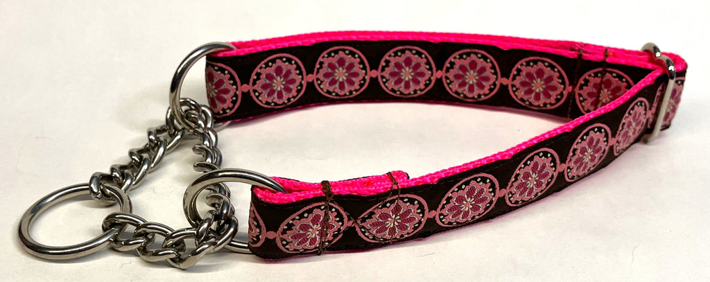 Brown with Pink Medallion Chain Martingale Collar 1in