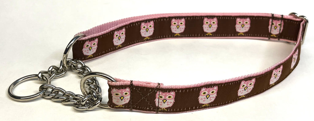 Brown with Pink Owls Chain Martingale Collar 1in