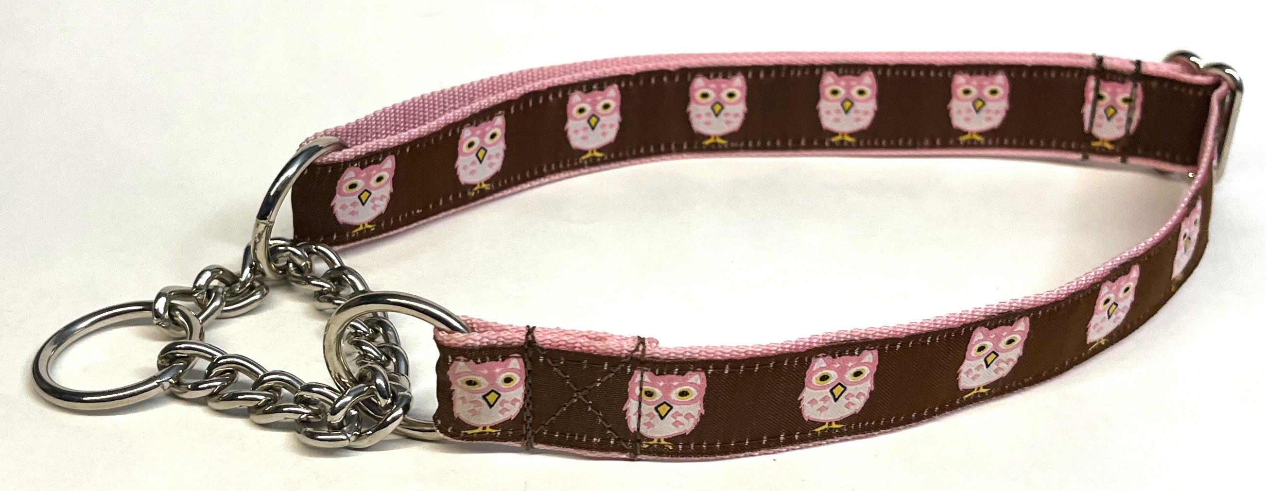 Brown with Pink Owls Chain Martingale Collar 1in