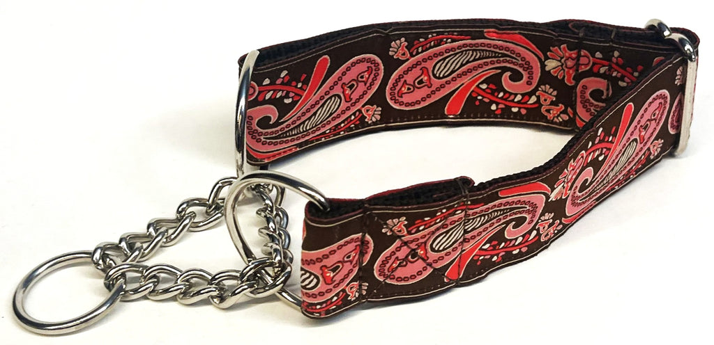 Brown with Pink Paisley Design Chain Martingale Collar 1 1/2 in