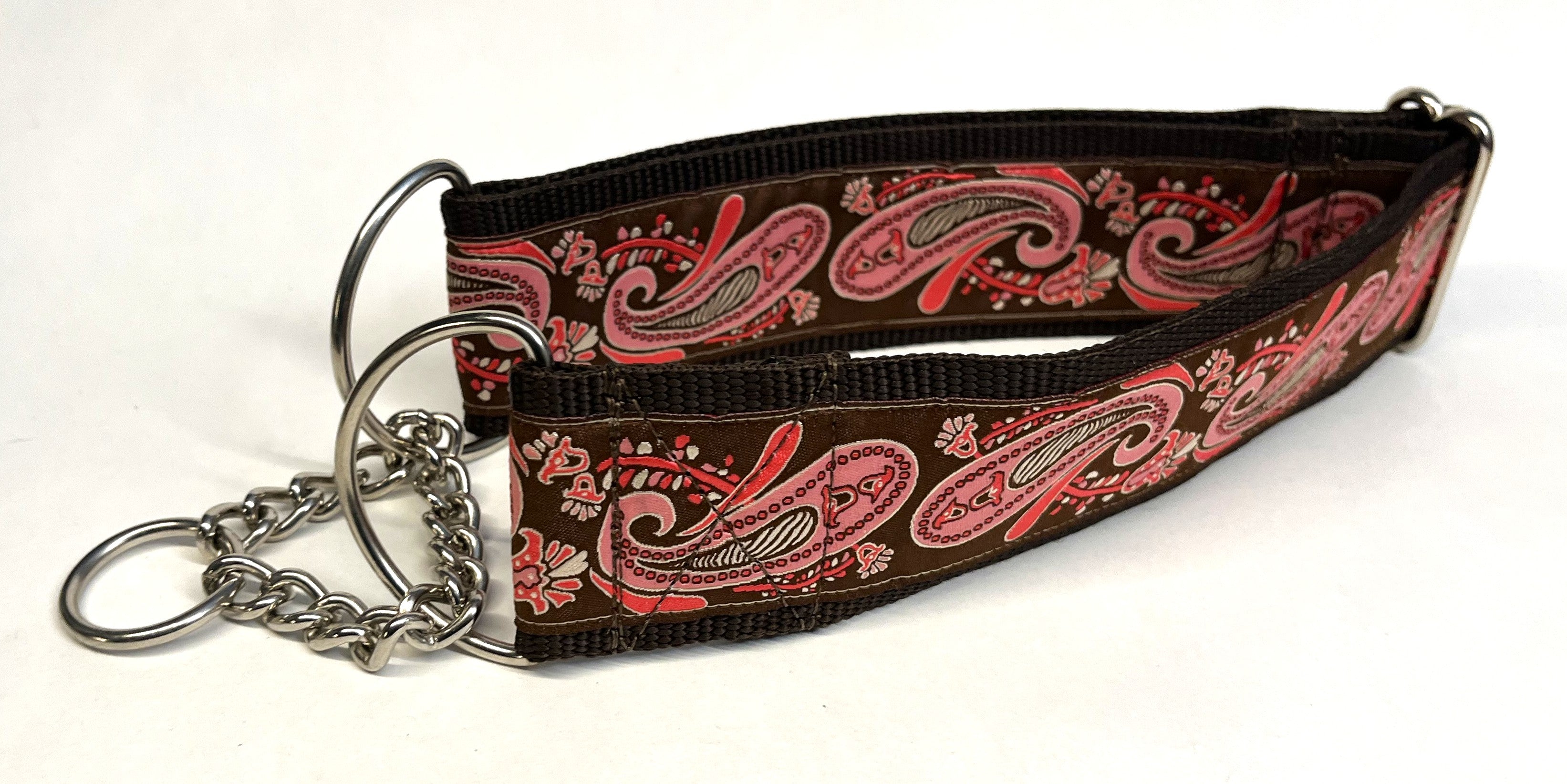 Brown with Pink Paisley Design Chain Martingale Collar 2in