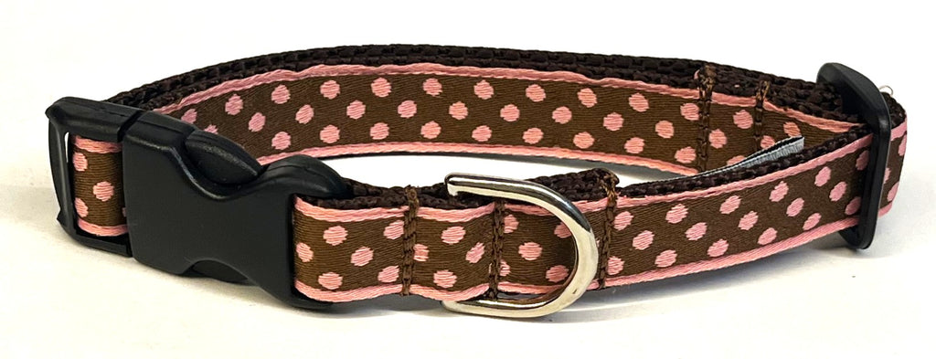 Brown with Pink Polka Dots Dog Collar 3/4