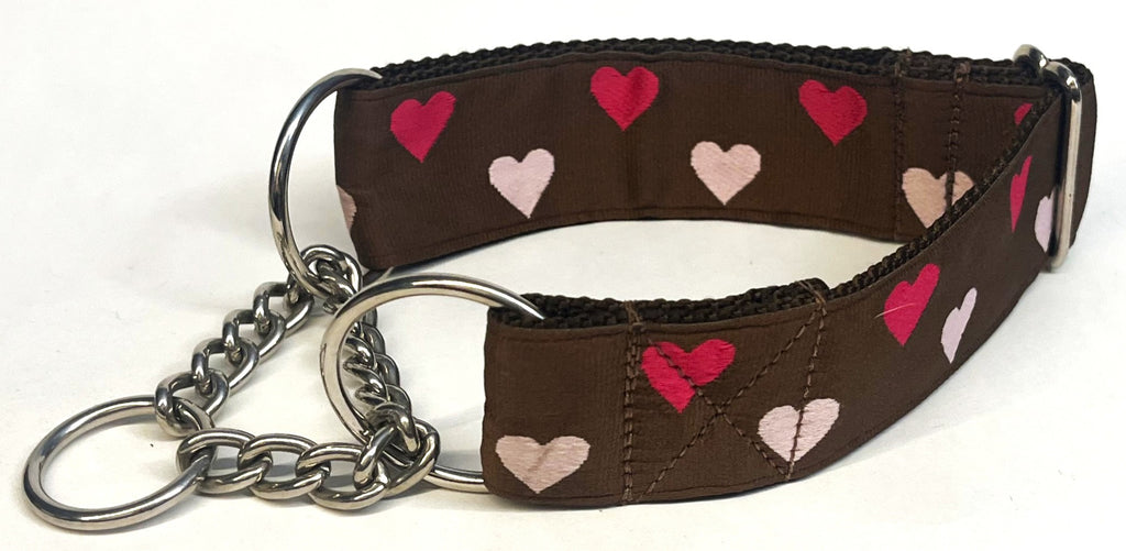Brown with Pink and Dark Pink Hearts Chain Martingale Collar 1 1/2 in