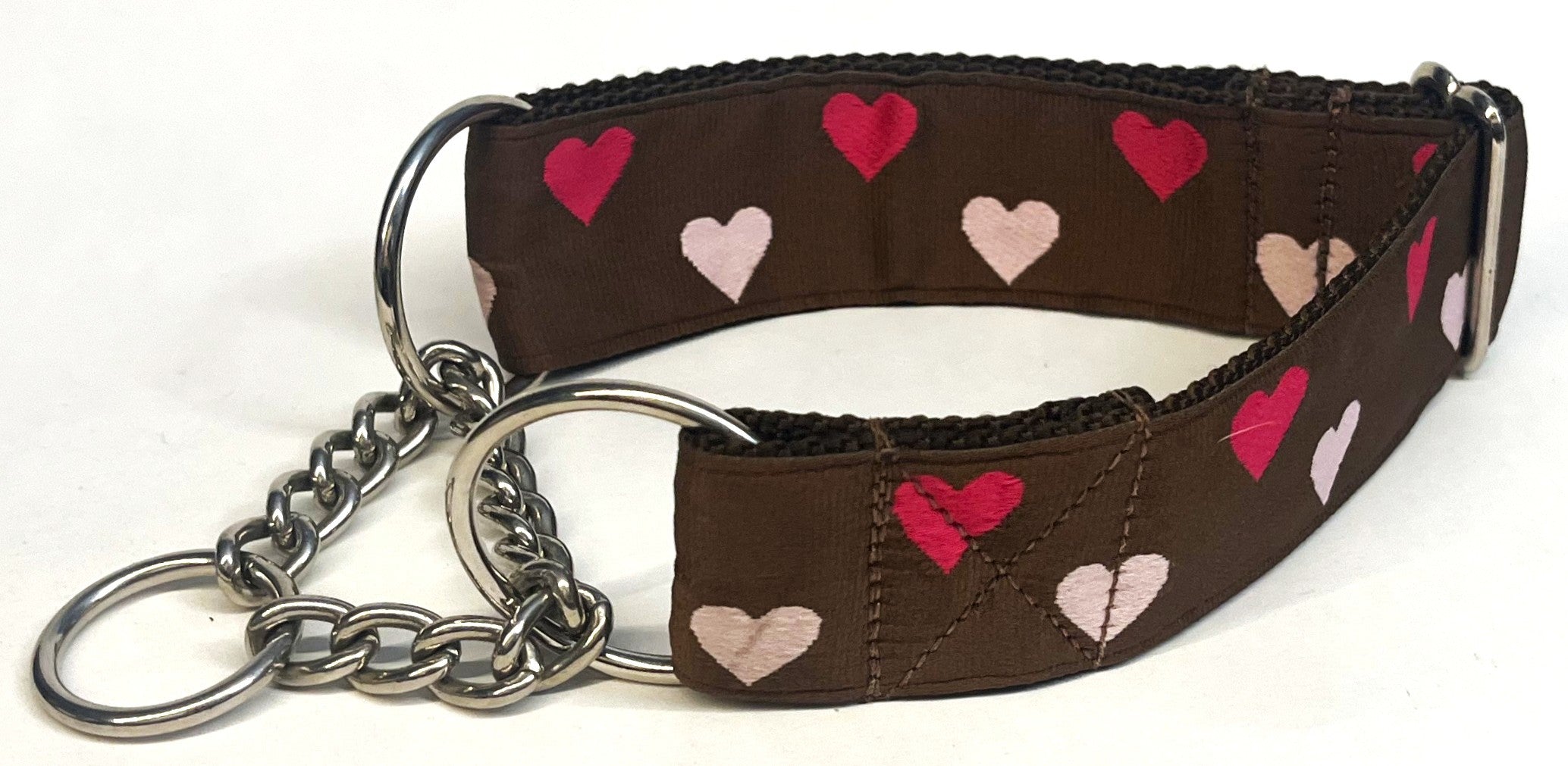 Brown with Pink and Dark Pink Hearts Chain Martingale Collar 1 1/2 in