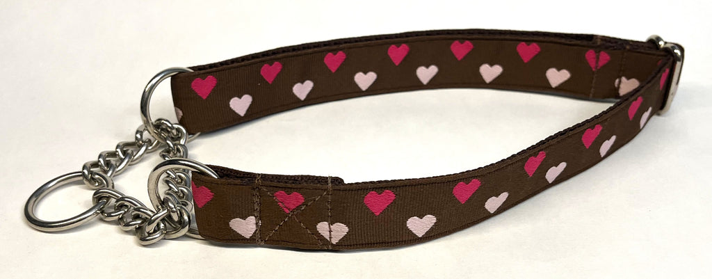 Brown with Pink and Dark Pink Hearts Chain Martingale Collar 1in
